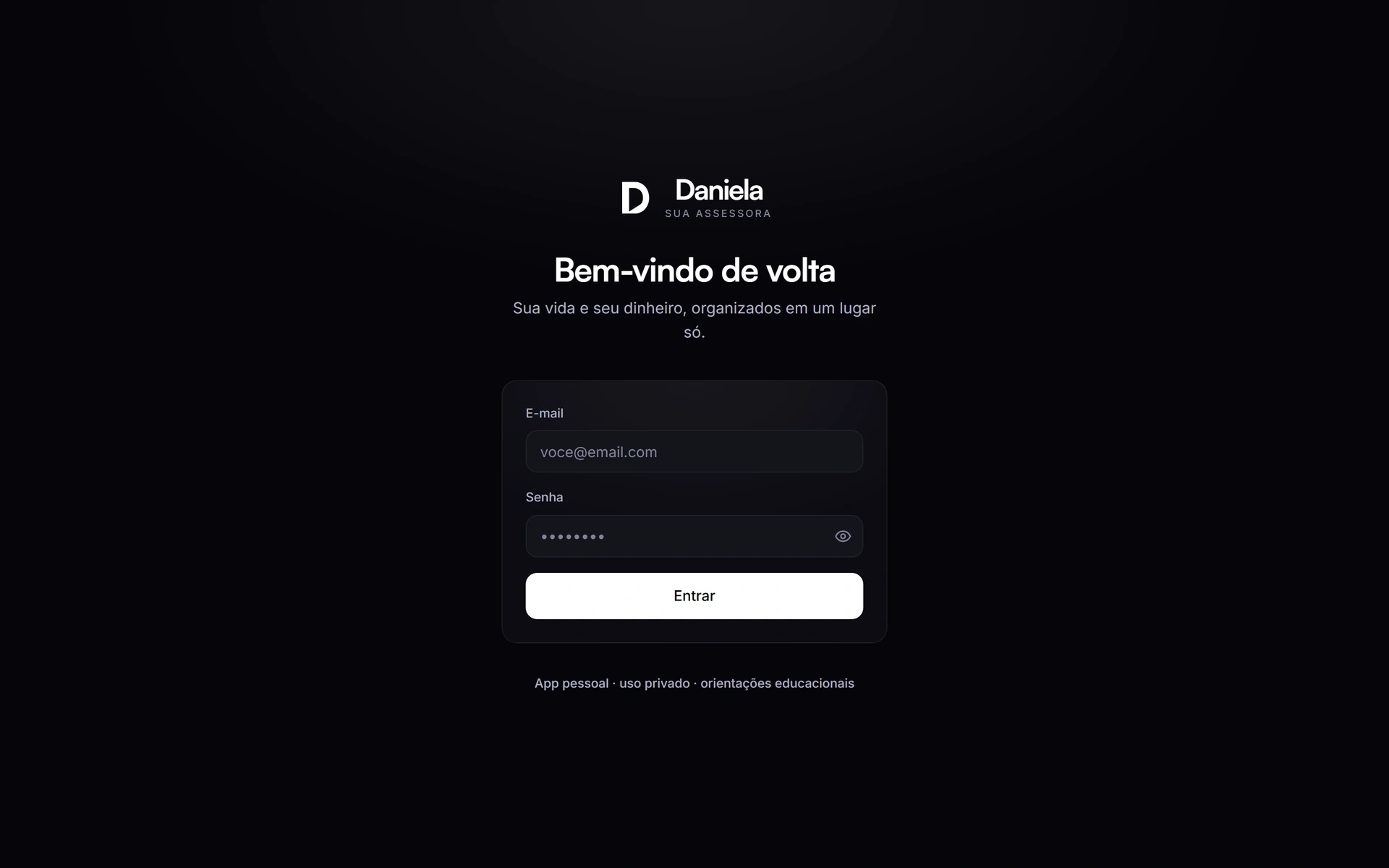 Daniela app sign-in screen, on a dark background