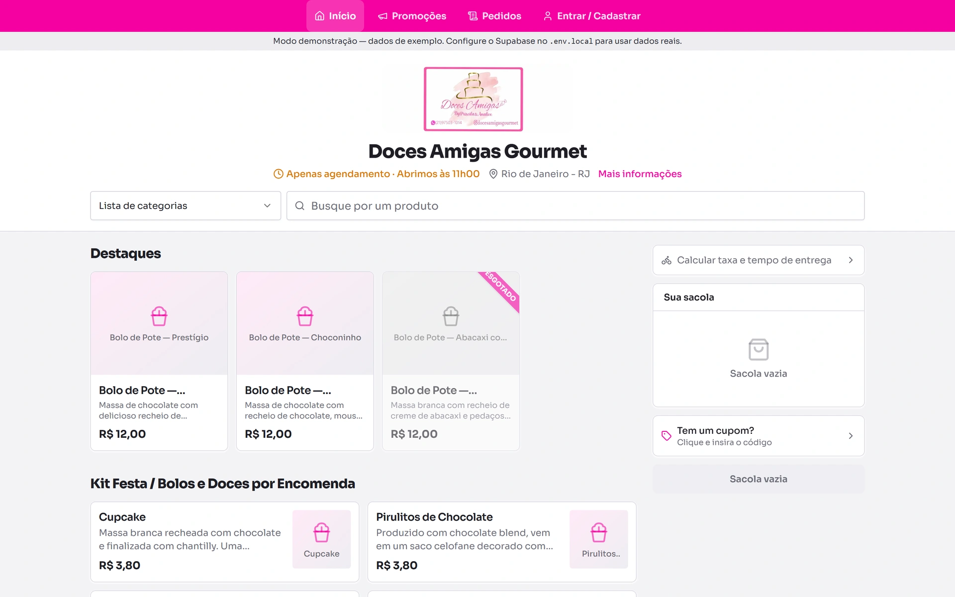 Doces Amigas Gourmet digital menu with highlights, search and bag