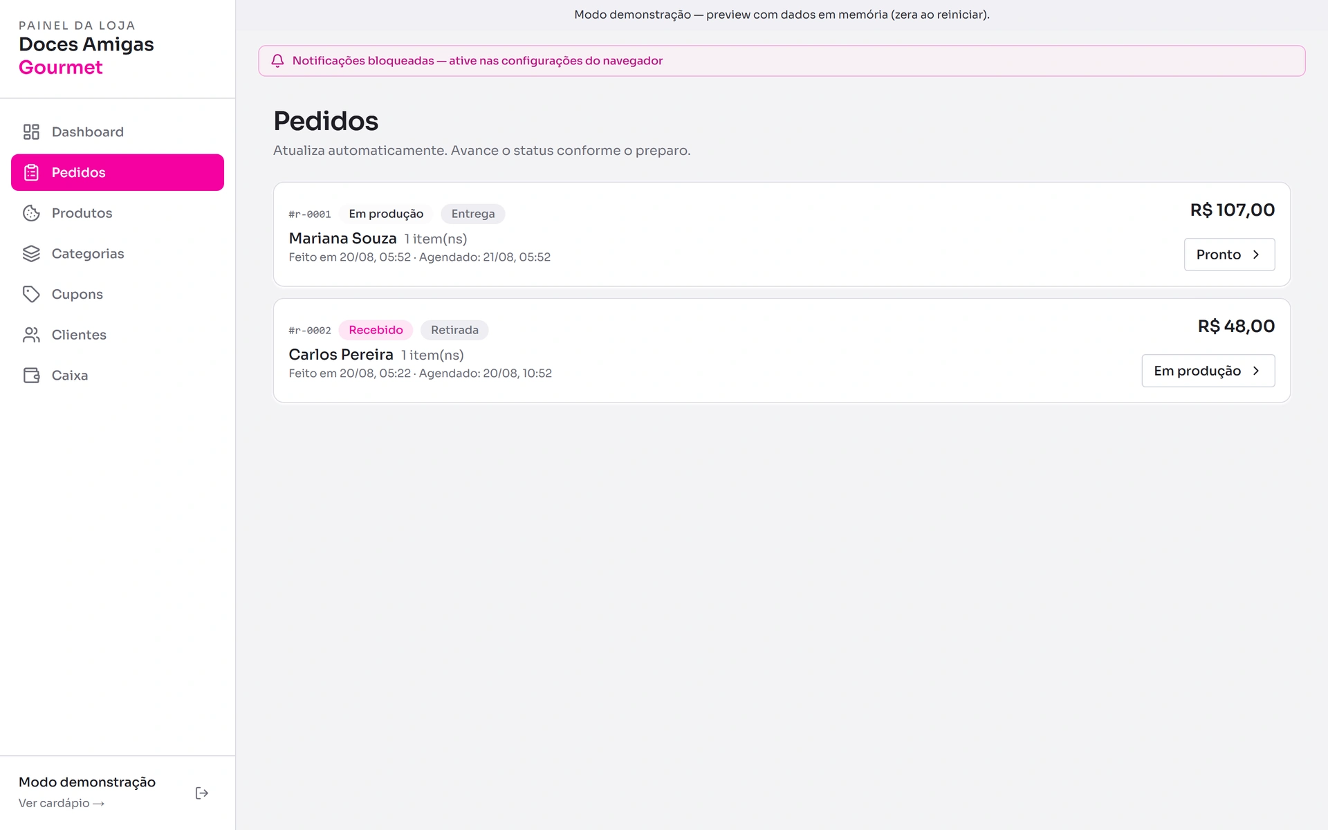 Order list in the admin dashboard