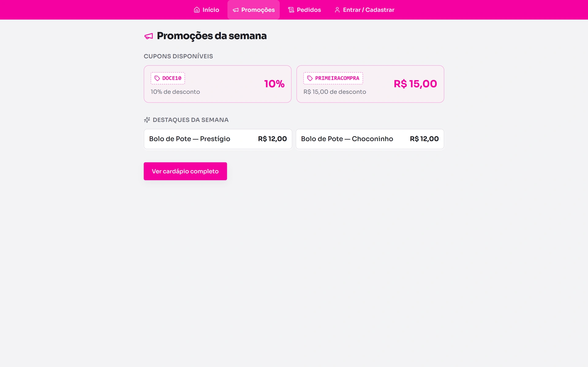 Promotions page with discount coupons