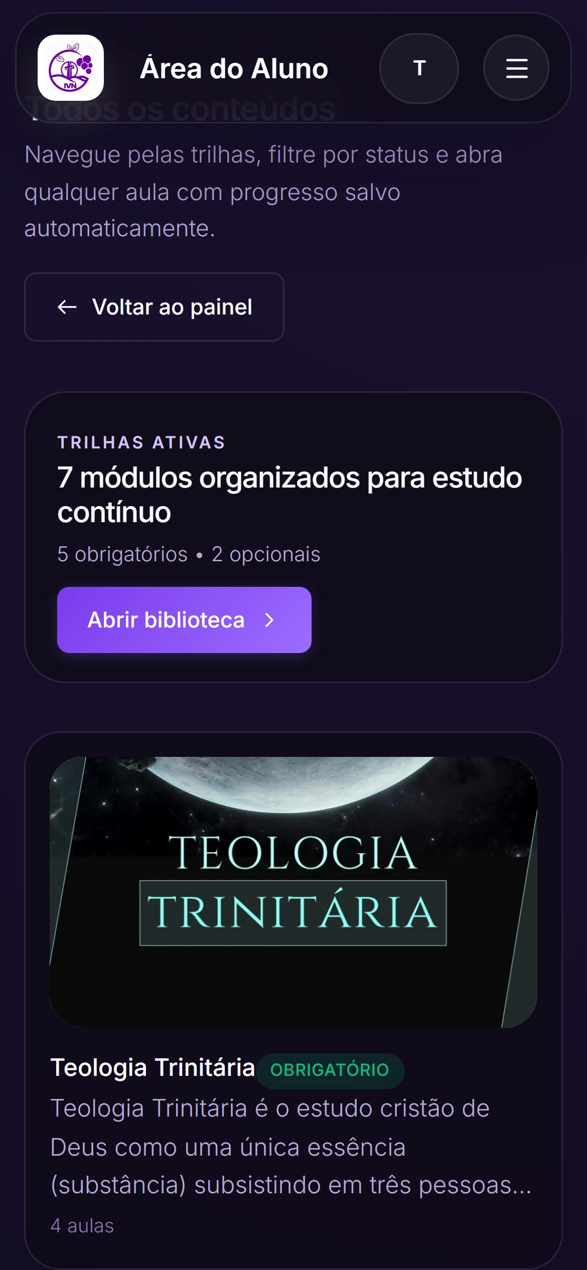 Seminário Vinha Nova content catalogue as seen by a student on a phone