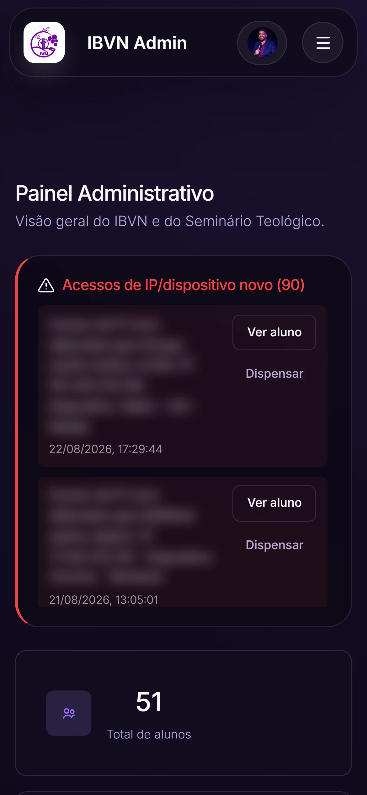 Seminary admin dashboard opened on a phone, student data blurred