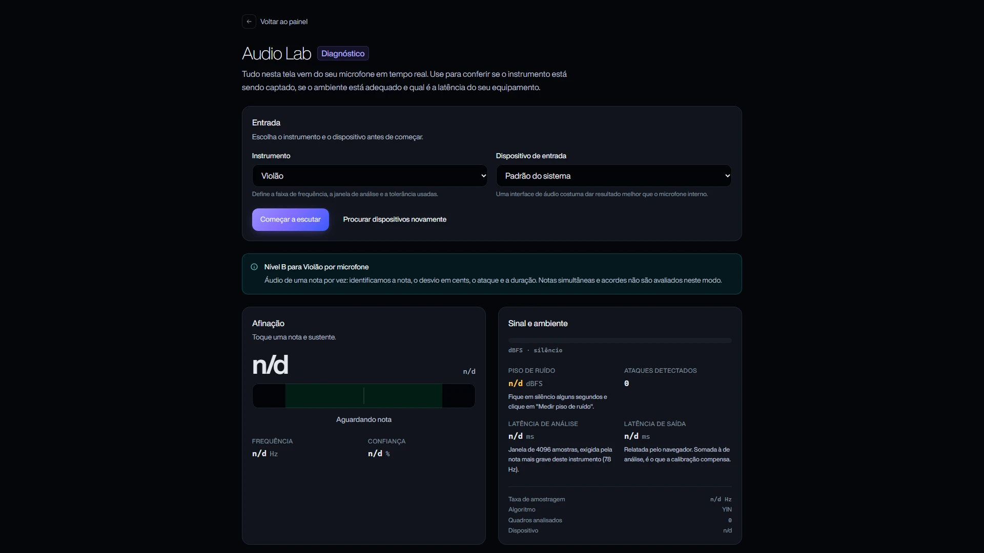SONIQRA Audio Lab with guitar selected and the level B declaration