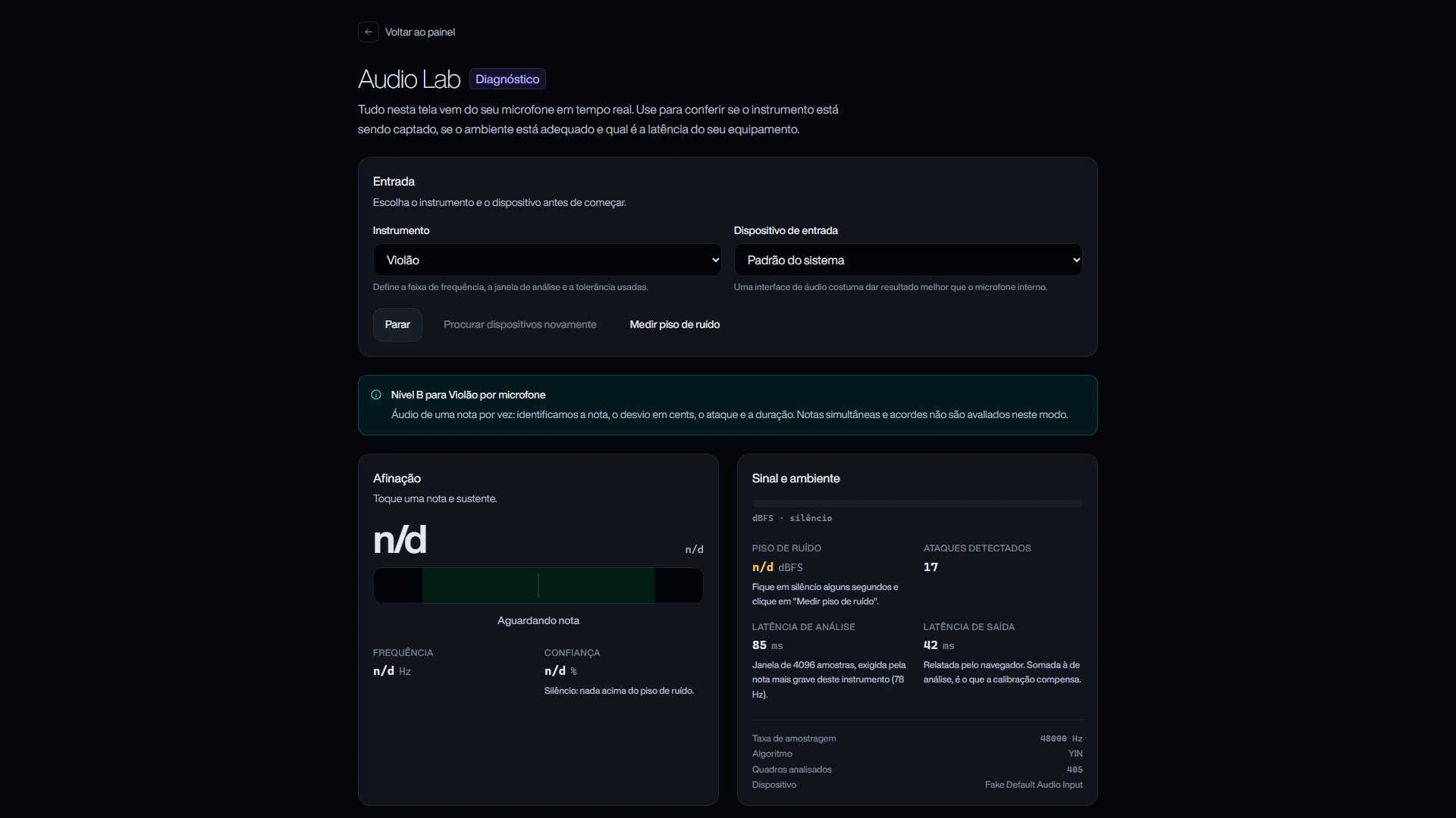 SONIQRA Audio Lab listening, with onsets detected, measured latencies and the YIN algorithm in use