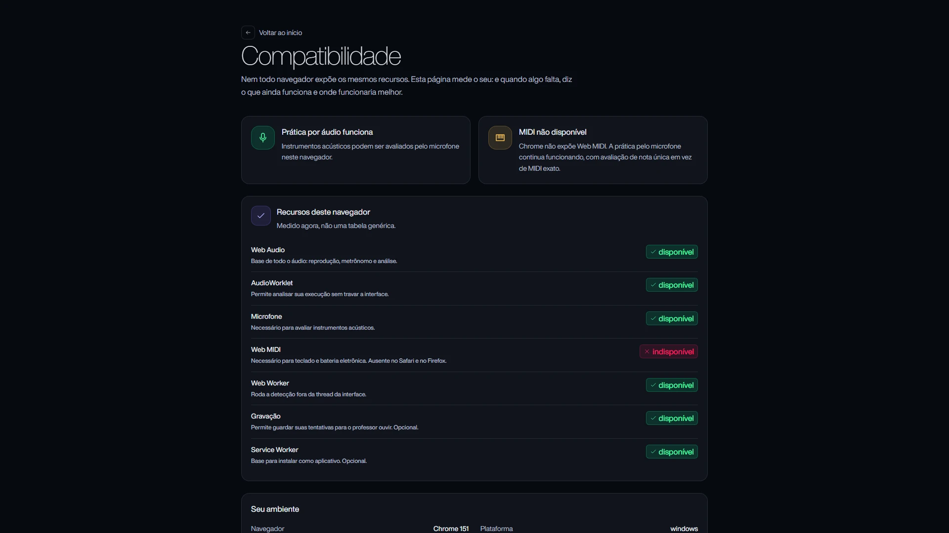 SONIQRA compatibility page measuring the browser's capabilities and what changes when one is missing