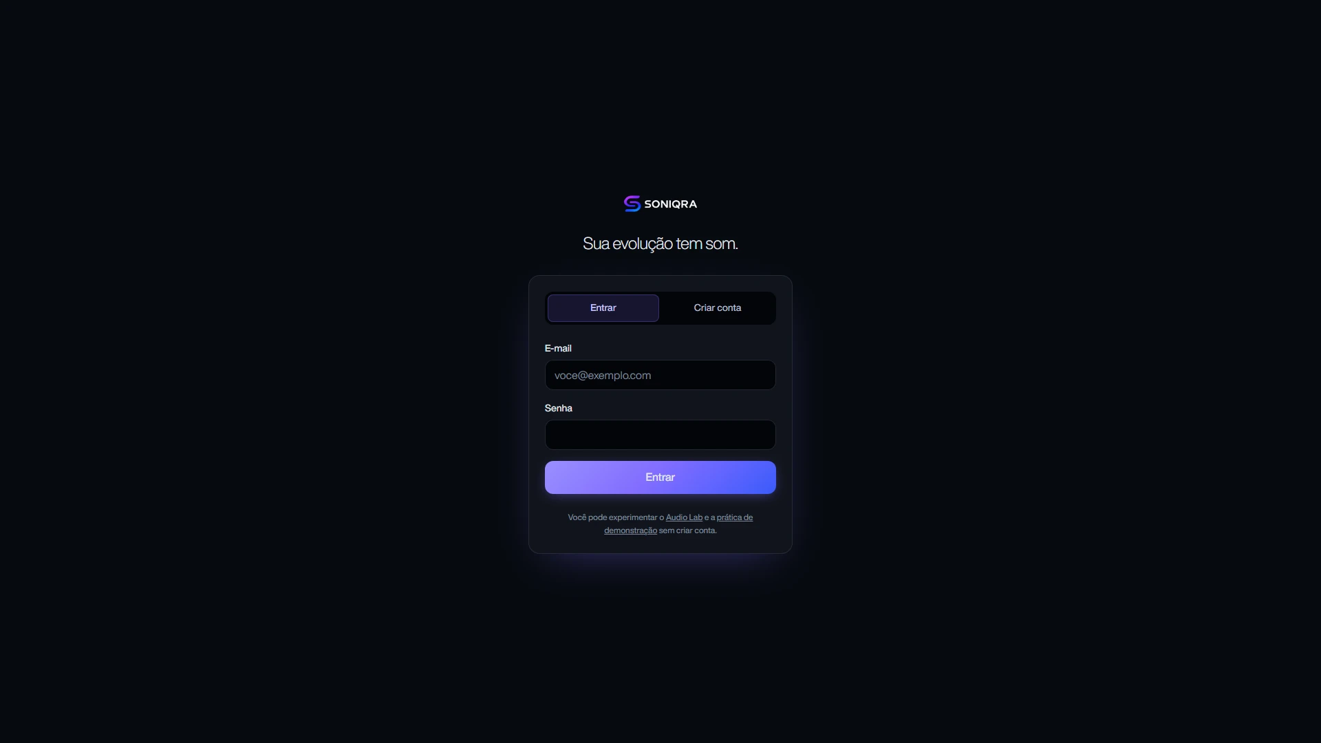SONIQRA sign-in screen with login and the notice that the demo runs without an account