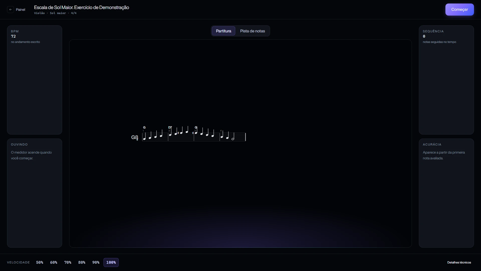 SONIQRA practice screen with the G major scale notation, tempo and speed selector