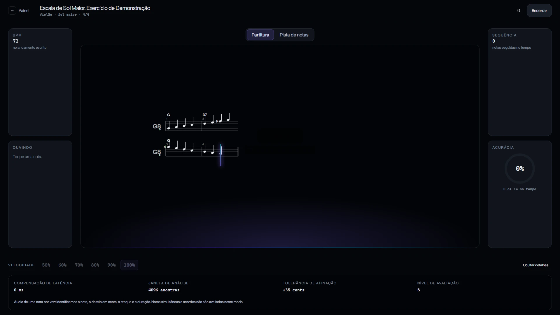 SONIQRA practice technical details panel with latency, analysis window, tolerance and level