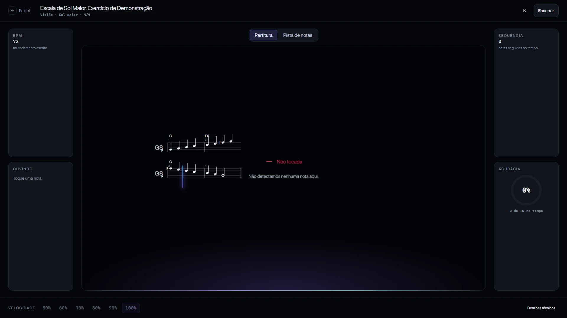 SONIQRA practice running, with the cursor on the staff and the not-played notice