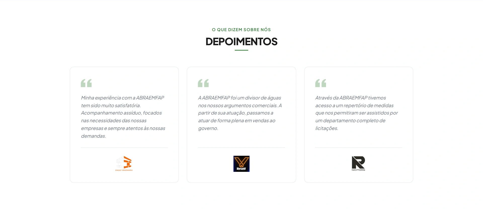 Testimonials from three ABRAEMFAP member companies, each with its own logo