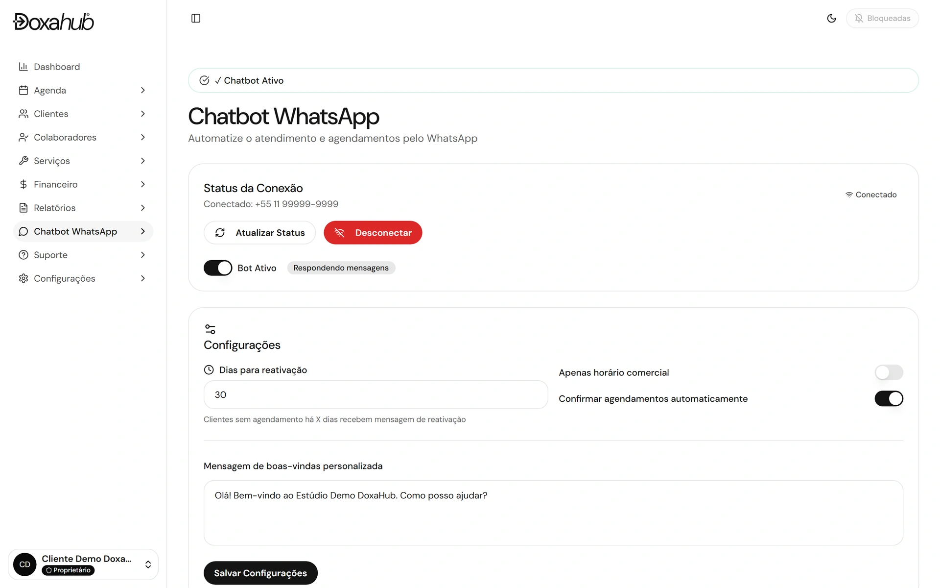DoxaHub WhatsApp chatbot settings