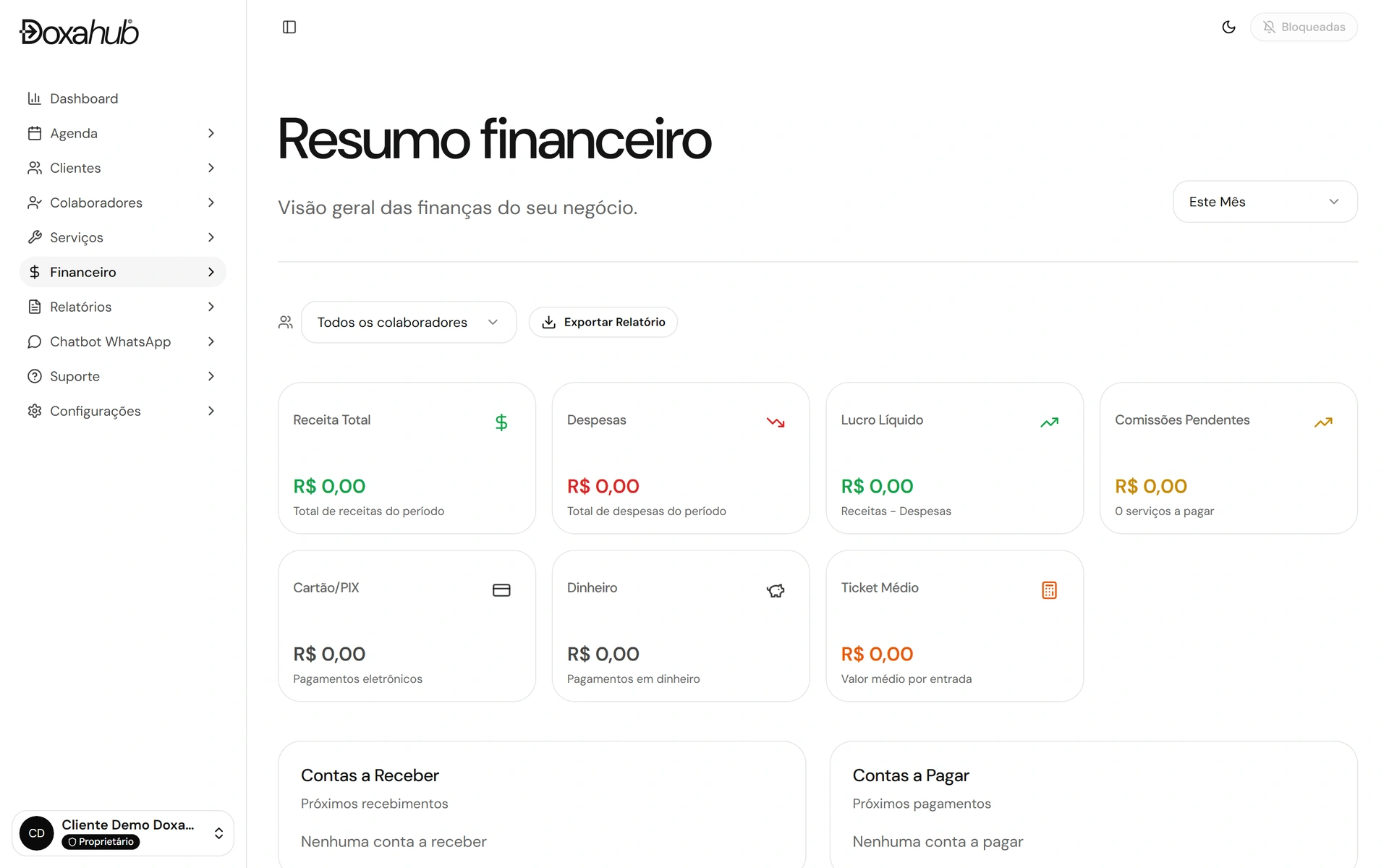 DoxaHub financial summary with revenue, expenses and accounts