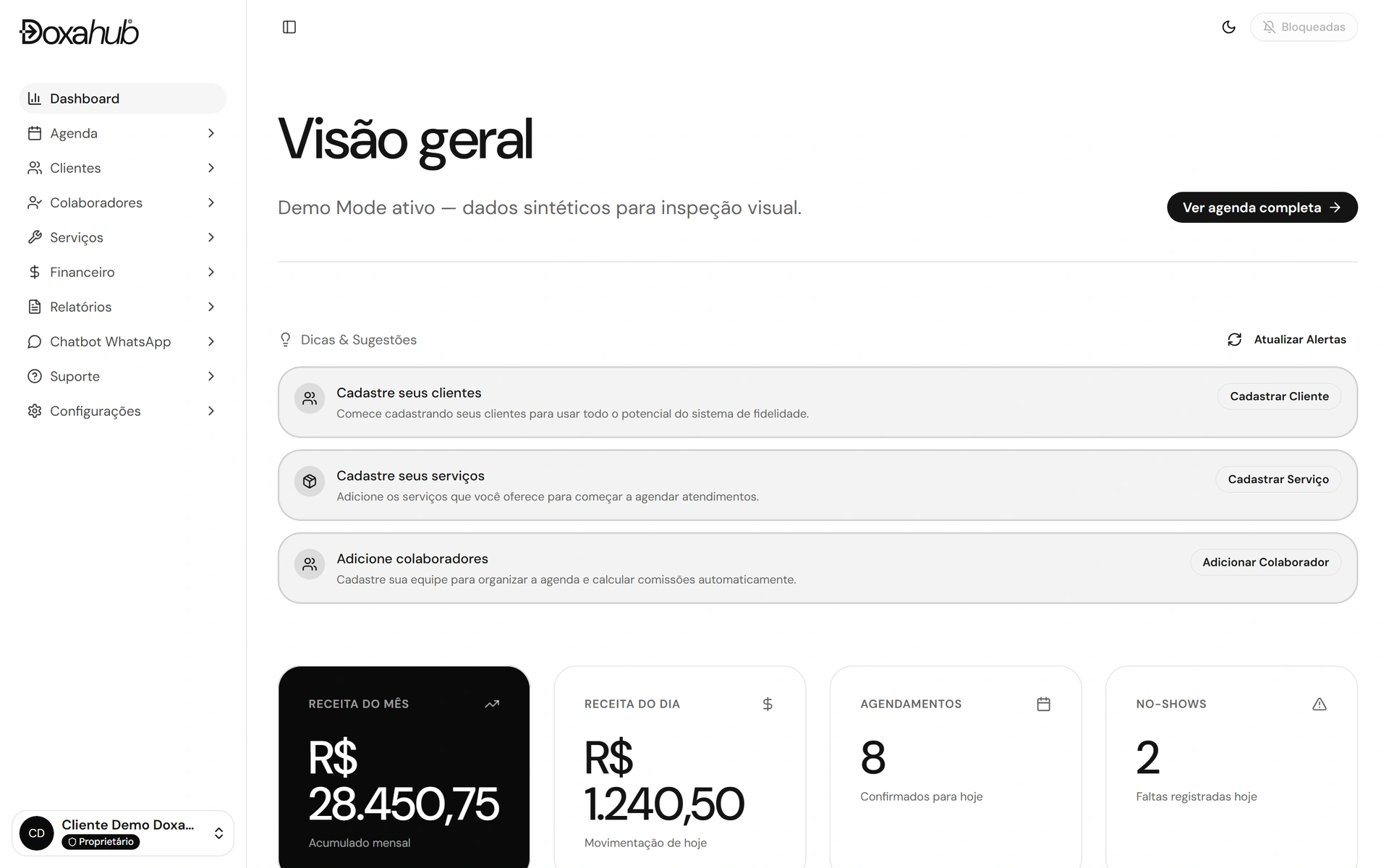 DoxaHub dashboard with monthly revenue, daily revenue and bookings