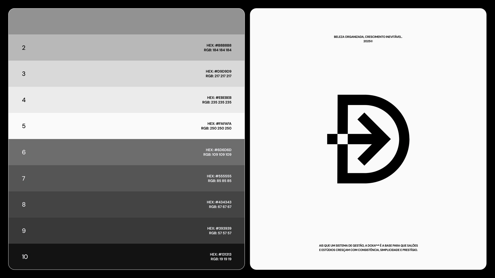 DoxaHub greyscale palette with HEX and RGB codes, next to the brand signature card