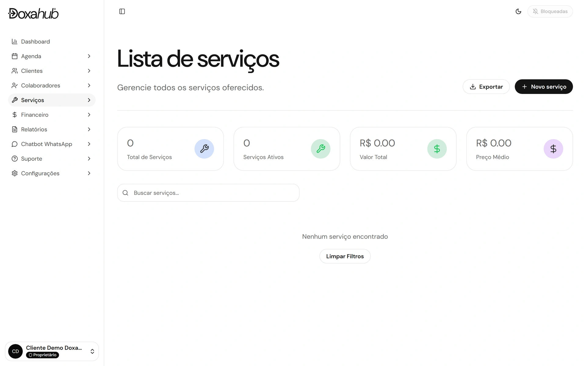 DoxaHub services list with totals and average price
