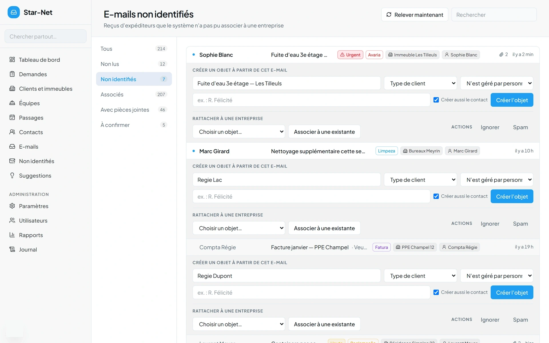 Star-Net triage screen for unidentified emails